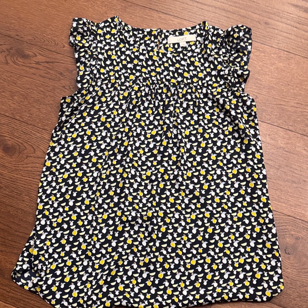 LOFT Navy Floral Dot Ruffle Sleeve Blouse